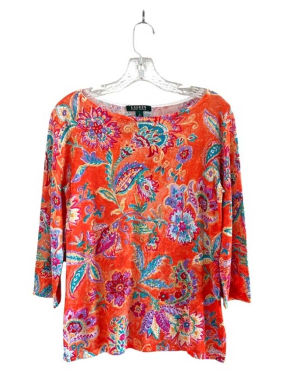 Lauren Ralph Lauren Boat Neck Three-Quarter Sleeve Top, M, Orange Floral Coastal